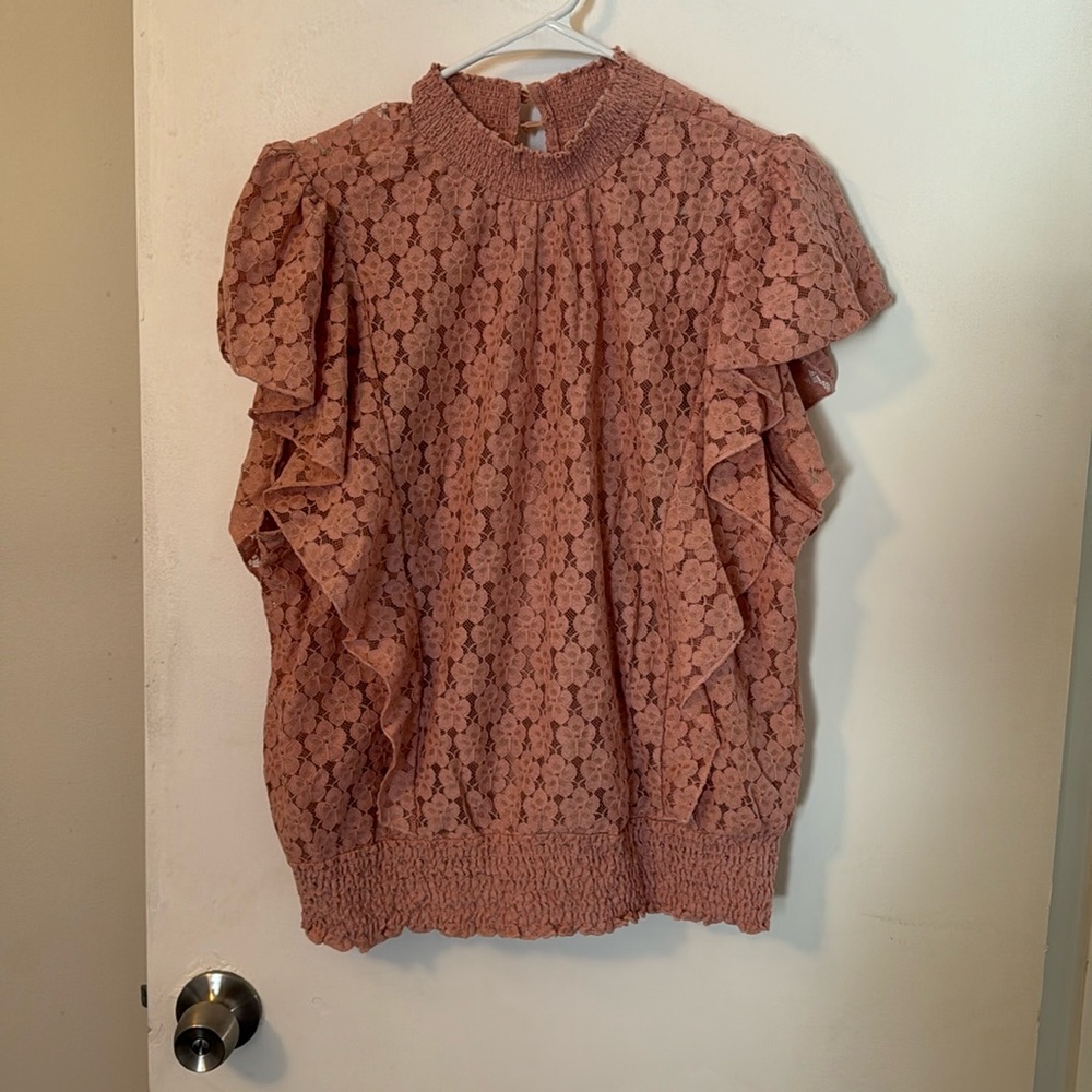 CeCe Mauve Pink Floral Lace Ruffle Top